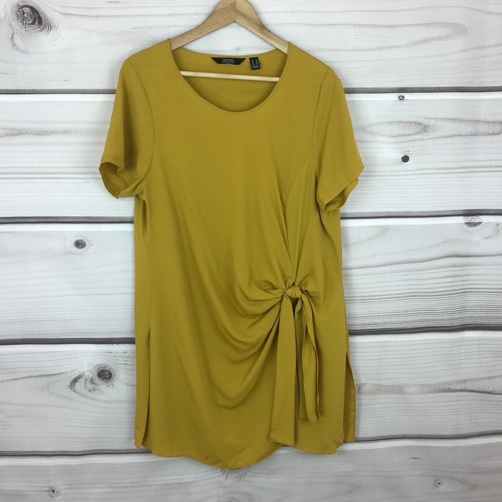 Dennis Basso Top Women 14 Yellow Blouse‎ Short Sleeve Tunic Knot Pullover Solid
